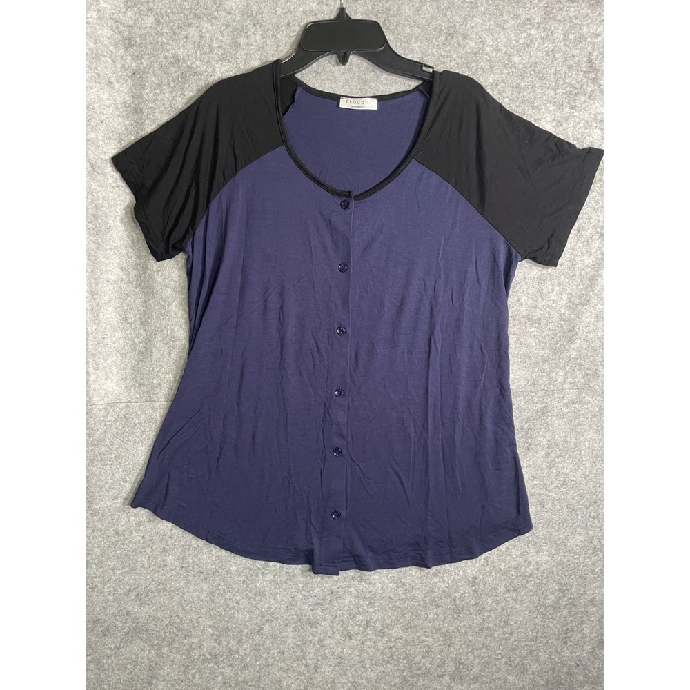 Ekouaer‎ Womens Navy Blue Black Short Sleeve Button Front Pajama Top Size Medium